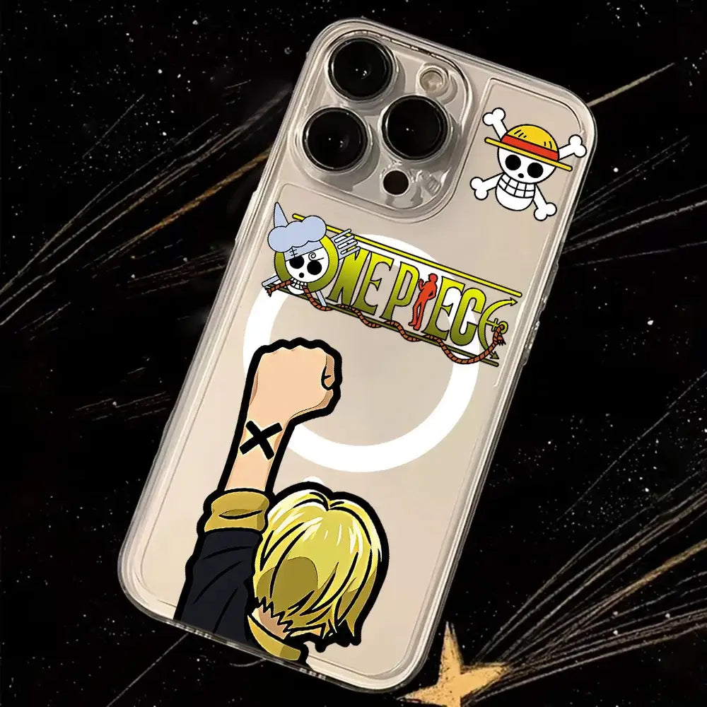 Back side of one piece luffy magnetic phone case soft clear tpu with straw hat logo skull and blonde character graphic