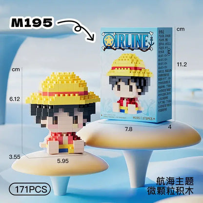 Yellow and red pixelated luffy figure made of mini building blocks for a one piece pirate adventure model
