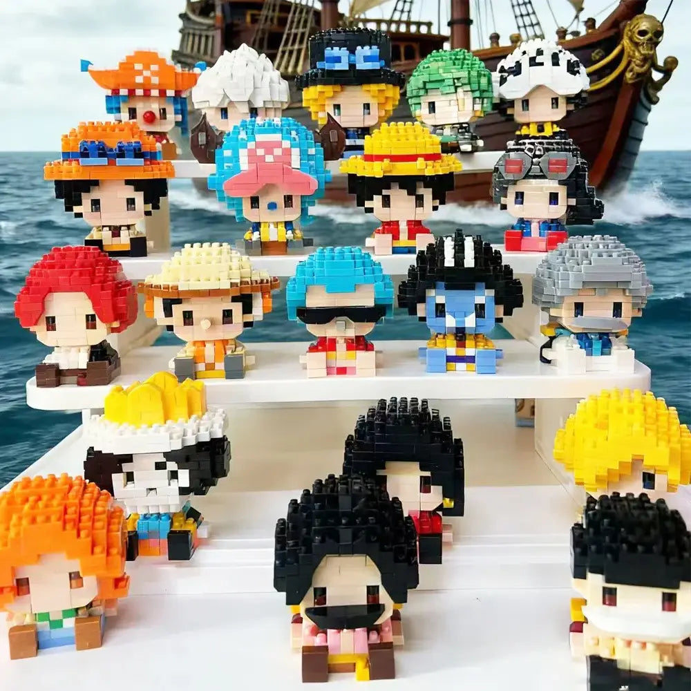 A collection of colorful pixelated one piece luffy mini building blocks made from interlocking plastic bricks for pirate adventure