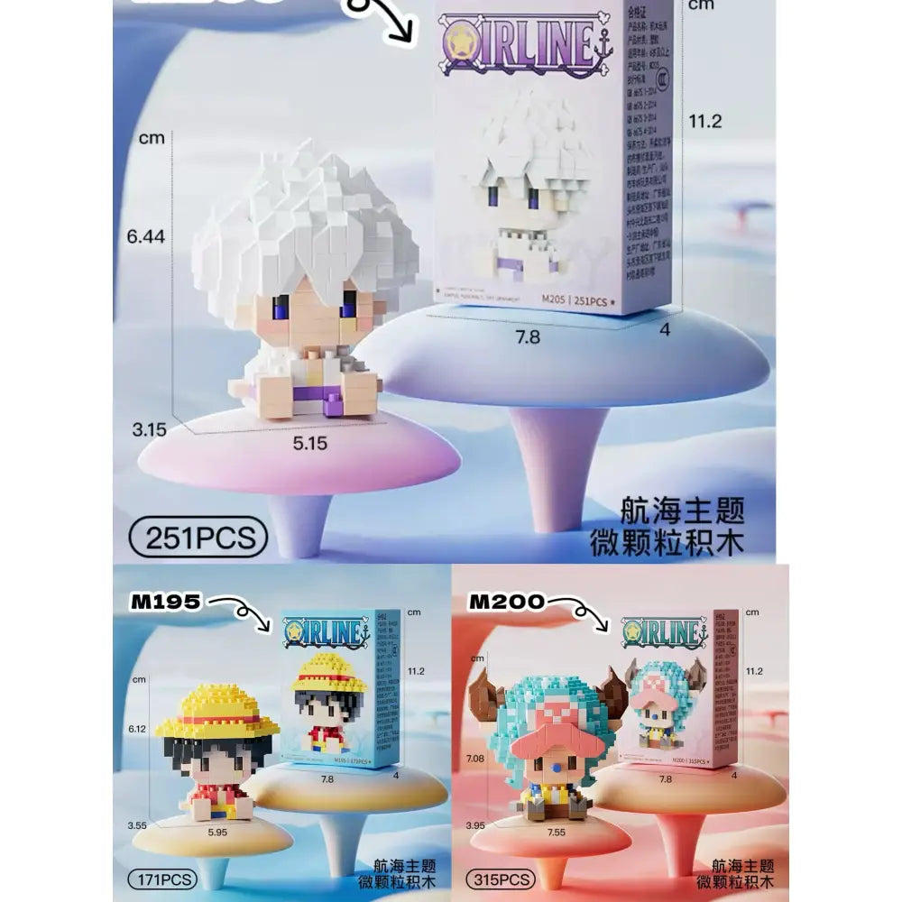 A white pixelated mini building blocks figurine with purple eyes and belt sits on a pink pedestal for pirate adventure