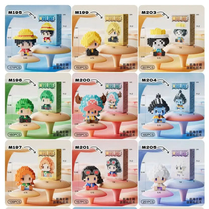 A collection of one piece mini building blocks figurines on pedestals with boxes showcasing a pirate adventure set