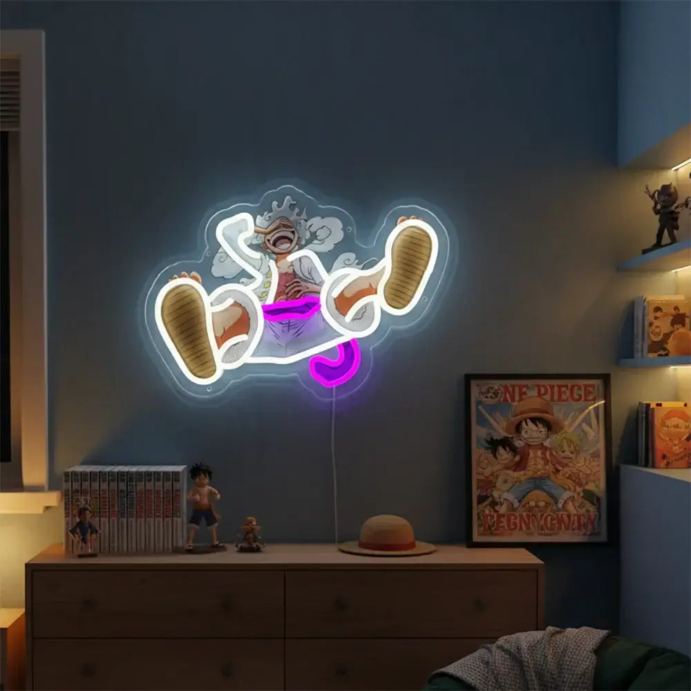 One piece luffy neon sign featuring a glowing white and purple acrylic neon light design of luffy in mid-air