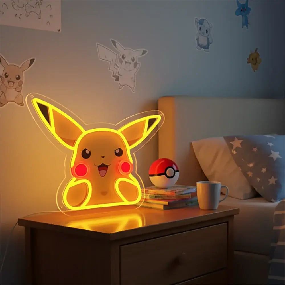 One piece luffy neon sign acrylic neon light featuring glowing yellow pikachu design with red cheeks and black ears