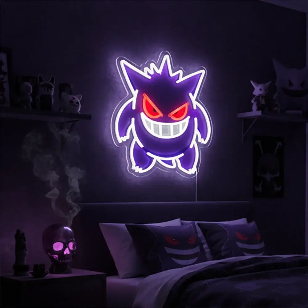 Purple and red acrylic neon gengar sign with power cord as a custom led wall light for neon signs decor