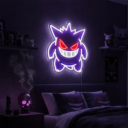 Purple and red acrylic neon gengar sign with power cord as a custom led wall light for neon signs decor
