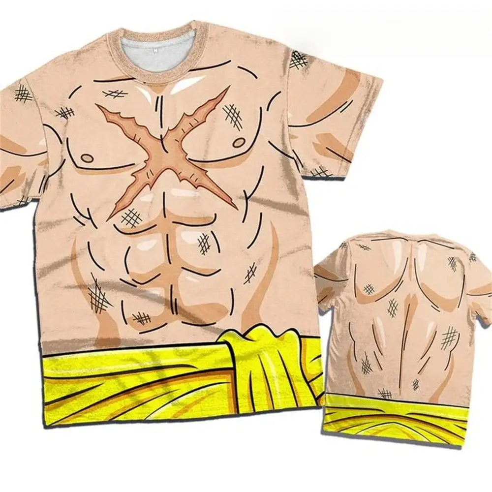 Beige short-sleeved cosplay t-shirt with 3d piece luffy muscular torso print and stitched scar details