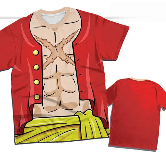 Red short-sleeved cosplay t-shirt featuring a 3d piece luffy muscular character in an open red coat with green pants
