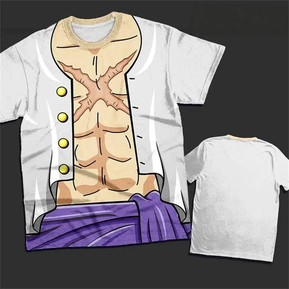 White short-sleeved cosplay t-shirt featuring 3d-printed one piece luffy muscular torso with white coat and purple pants