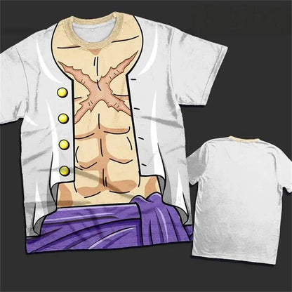 White short-sleeved cosplay t-shirt featuring 3d-printed one piece luffy muscular torso with white coat and purple pants