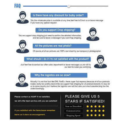 Frequently asked questions section with blue headers and black-and-white customer service icons for piece luffy cosplay t-shirt