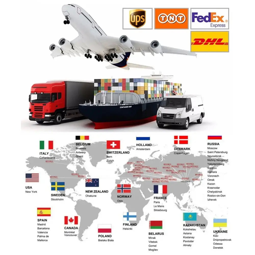 Stylized illustration of a white and blue cargo airplane above shipping logistics icons for one piece luffy cosplay t-shirt
