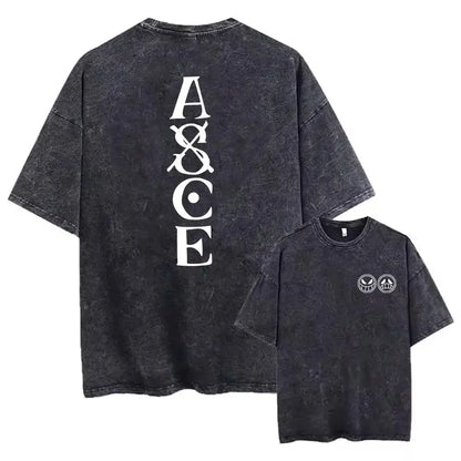 Back of black distressed cotton one piece luffy oversized tee with white a&ce lettering and front anime graphic logos for street style