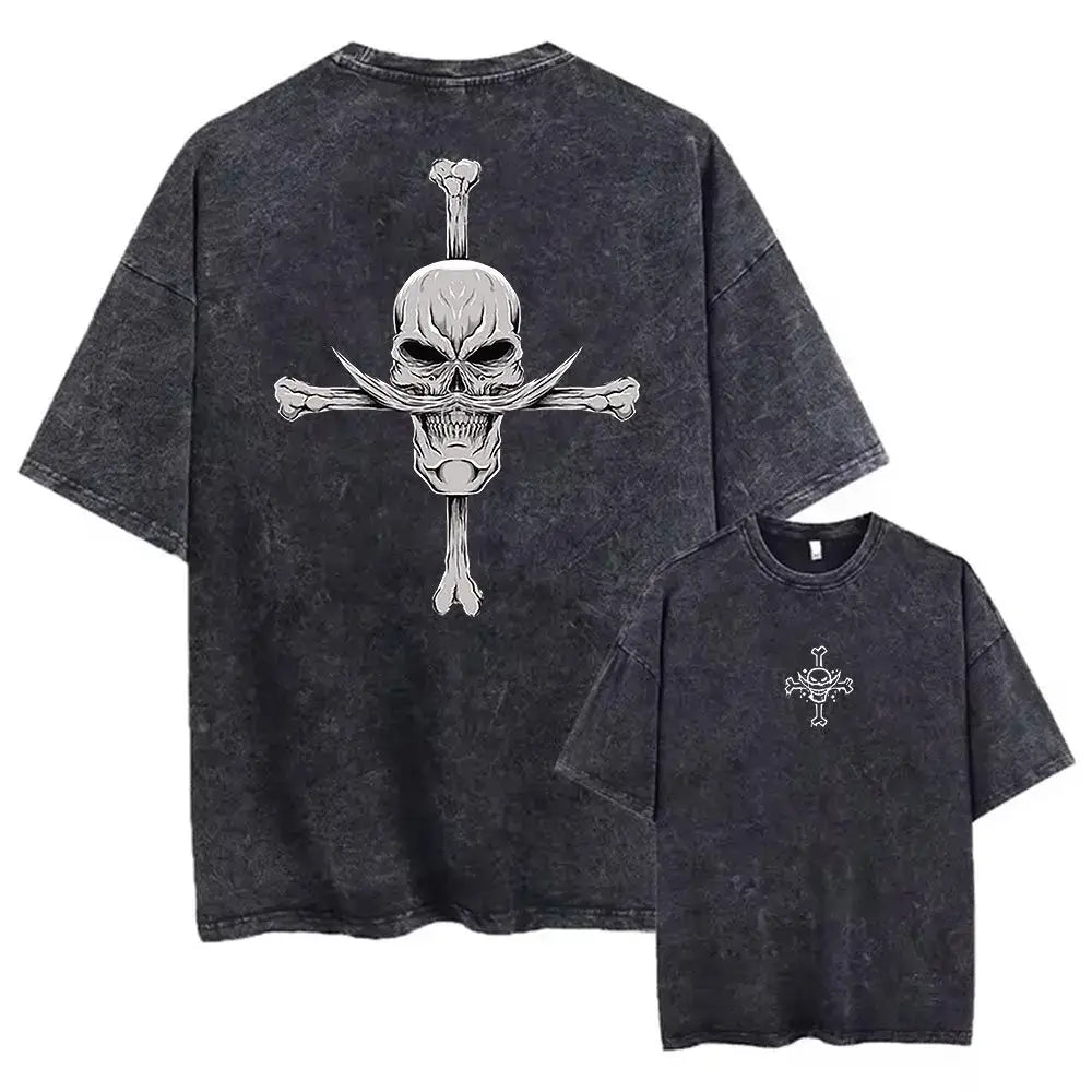Back side of black distressed cotton one piece luffy oversized tee with white skull crossbones anime graphic for street style