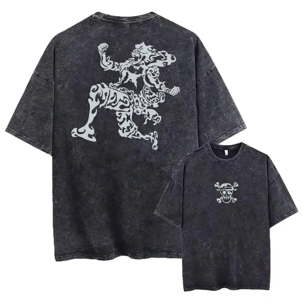 Black distressed cotton one piece luffy oversized tee showing back with white stylized lion anime graphic street style