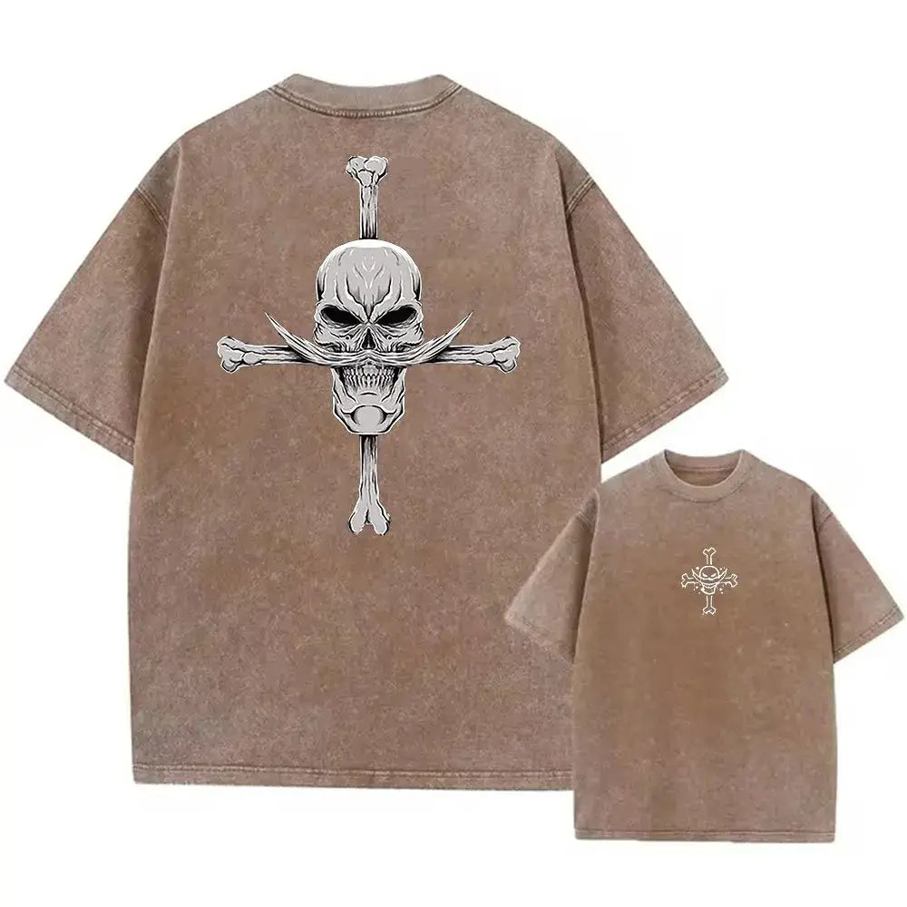 Brown distressed cotton one piece luffy oversized tee with white skull and crossbones anime graphic street style back view