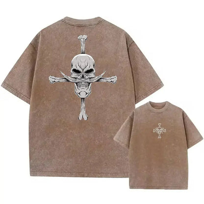 Brown distressed cotton one piece luffy oversized tee with white skull and crossbones anime graphic street style back view