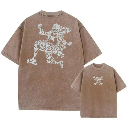 Brown distressed cotton one piece luffy oversized tee with white stylized lion back anime graphic street style