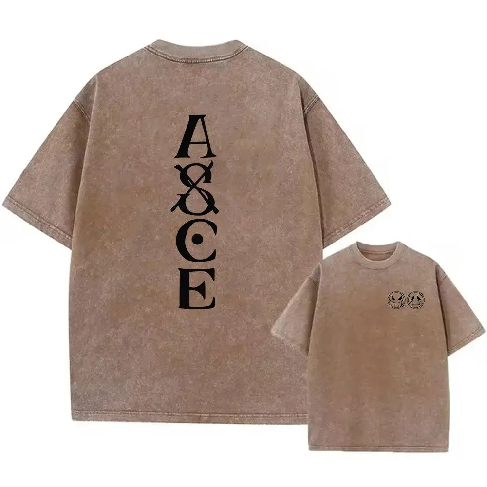 Beige oversized one piece luffy tee in washed cotton with faded texture and black vertical a&ce lettering on the back for street style and anime graphic fans