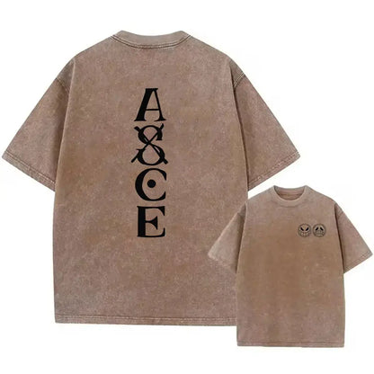 Beige oversized one piece luffy tee in washed cotton with faded texture and black vertical a&ce lettering on the back for street style and anime graphic fans