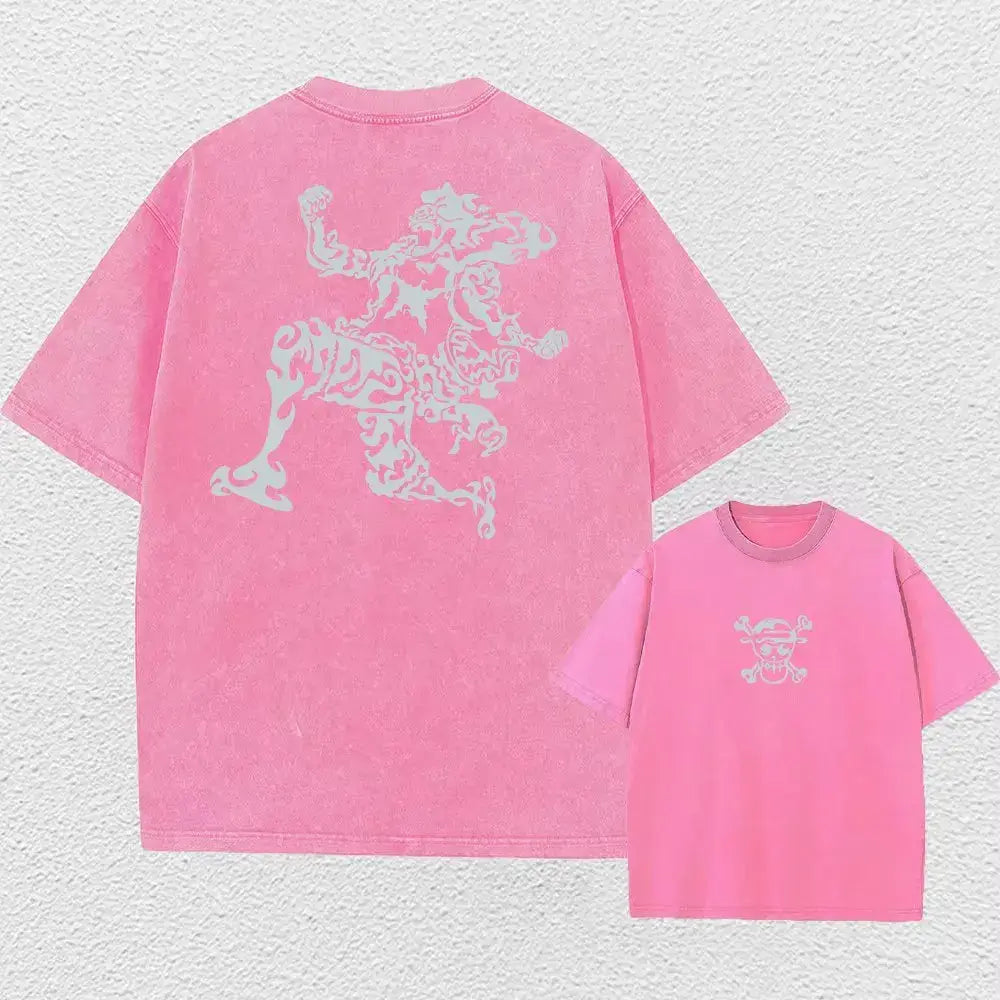 Pink one piece luffy oversized tee washed cotton with white anime graphic and skull design for street style looks