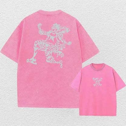 Pink one piece luffy oversized tee washed cotton with white anime graphic and skull design for street style looks