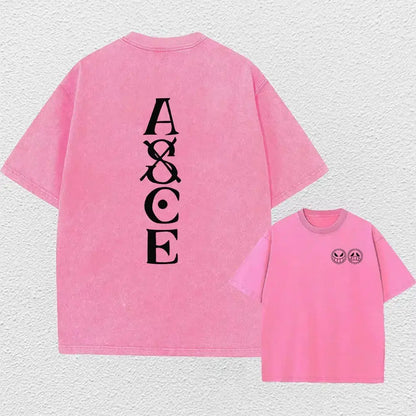 Pink one piece luffy oversized washed cotton tee with black a&ce lettering back and anime graphic front for street style
