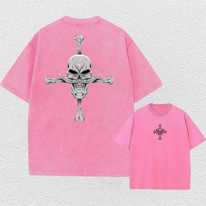 Pink washed cotton one piece luffy oversized tee with back black and white skull anime graphic for street style
