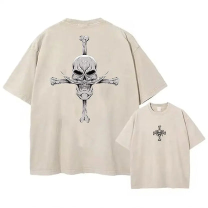 Beige oversized cotton t-shirt featuring anime graphic skull and bones street style design on back with matching front print