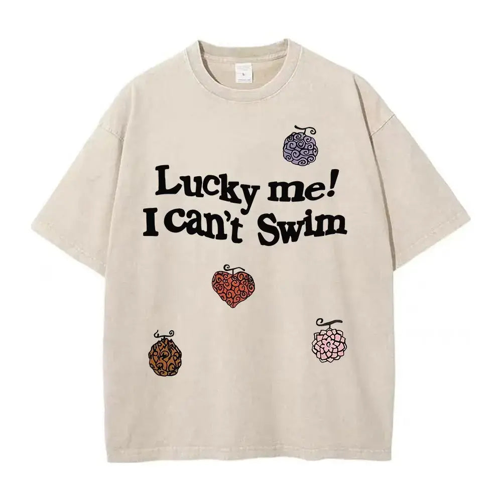 Beige one piece luffy oversized tee in washed cotton with anime graphic and colorful fruit for street style look