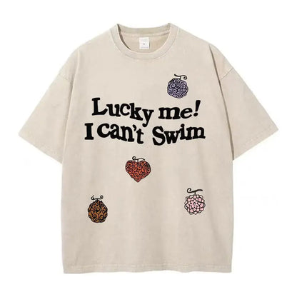 Beige one piece luffy oversized tee in washed cotton with anime graphic and colorful fruit for street style look