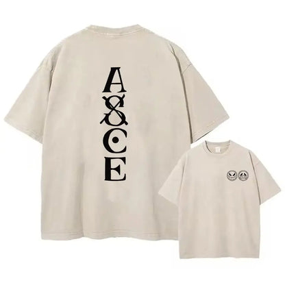 Beige oversized one piece luffy tee in washed cotton with black vertical a&ce lettering on the back featuring anime graphic street style
