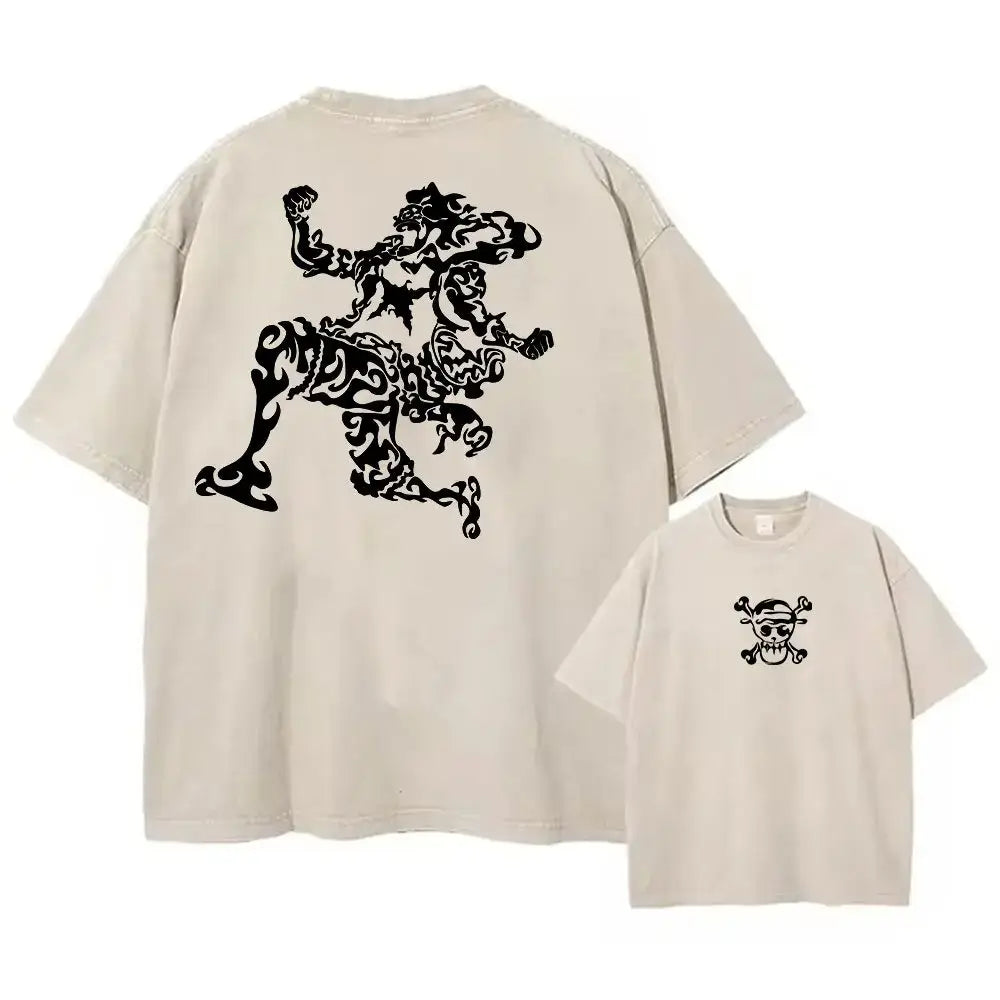 Beige oversized one piece luffy tee in washed cotton with bold black tribal lion back graphic and small chest skull emblem for street style anime graphic fans