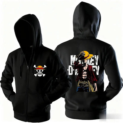 Black zip-up hoodie with white skull and crossbones and full-color monkey d piece luffy illustration for streetwear