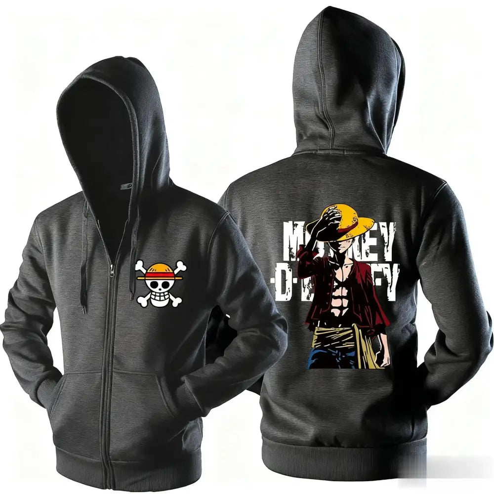Black zip-up hoodie with skull and crossbones emblem and monkey d piece luffy illustration for streetwear style