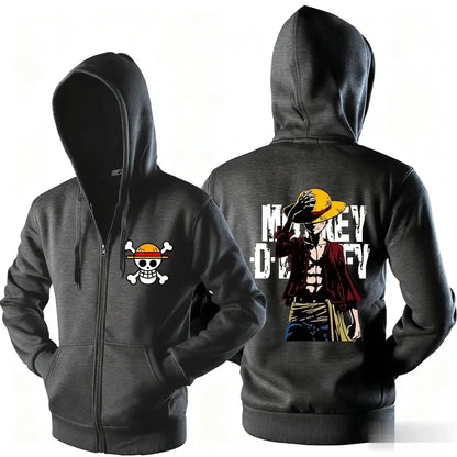 Black zip-up hoodie with skull and crossbones emblem and monkey d piece luffy illustration for streetwear style