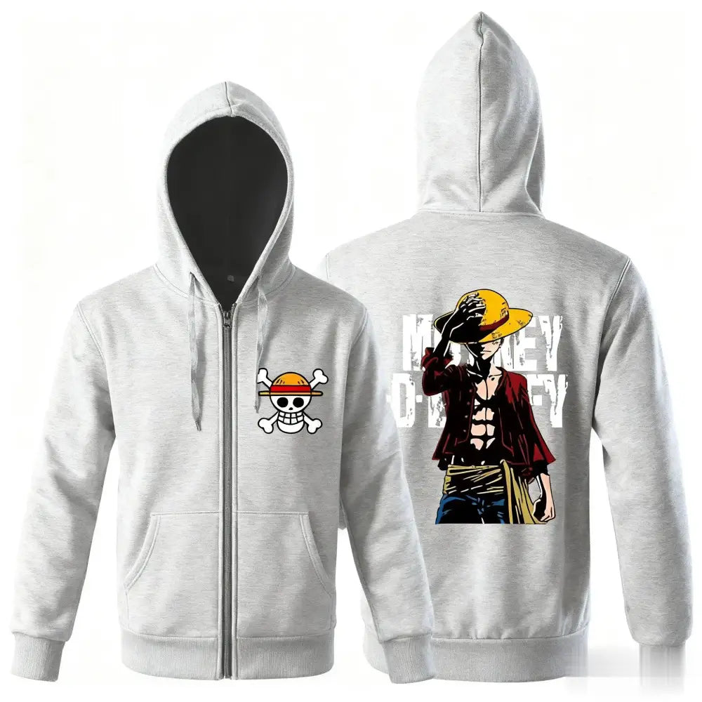 Light gray zip-up hoodie with skull and crossbones emblem and monkey d illustration for one piece luffy streetwear