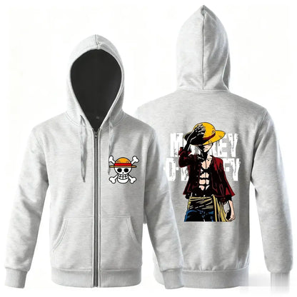 Light gray zip-up hoodie with skull and crossbones emblem and monkey d illustration for one piece luffy streetwear