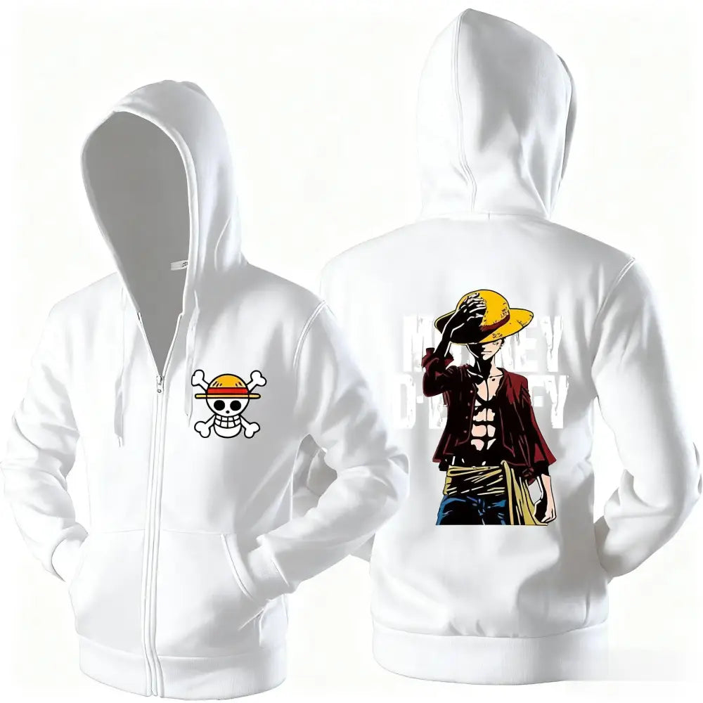White oversized zip hoodie with skull and crossbones emblem and one piece luffy illustration on the back for streetwear