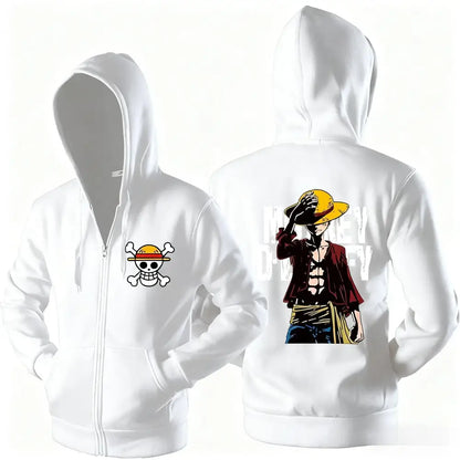 White oversized zip hoodie with skull and crossbones emblem and one piece luffy illustration on the back for streetwear