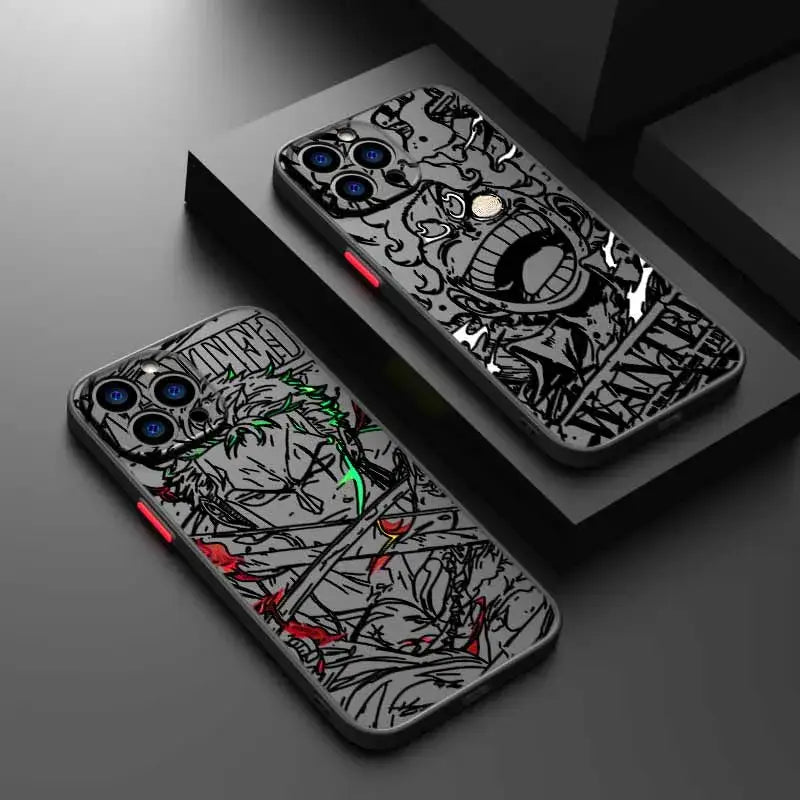Black and white one piece luffy phone case with red and green accents frosted translucent soft funda back side