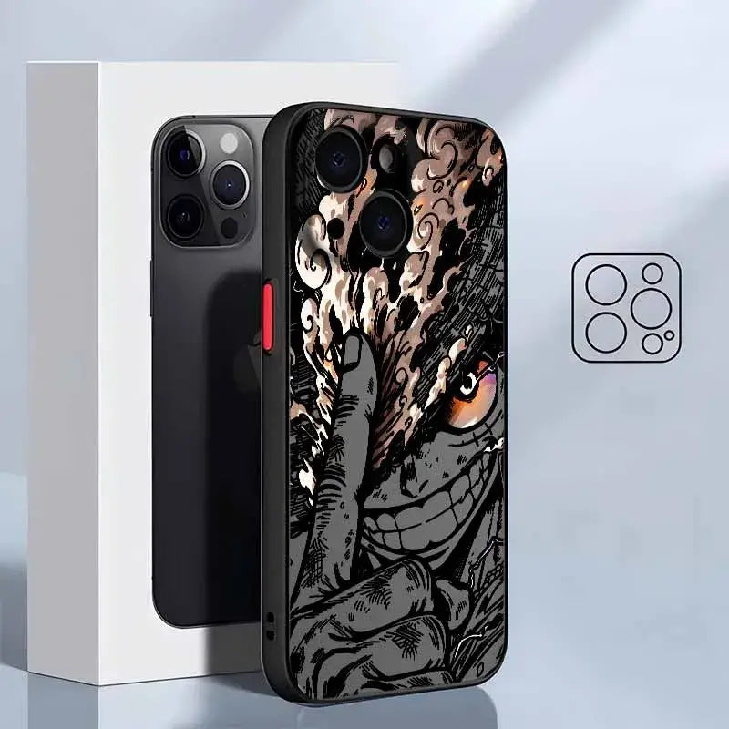 Black one piece luffy phone case showing the back side with frosted translucent soft funda and detailed anime design