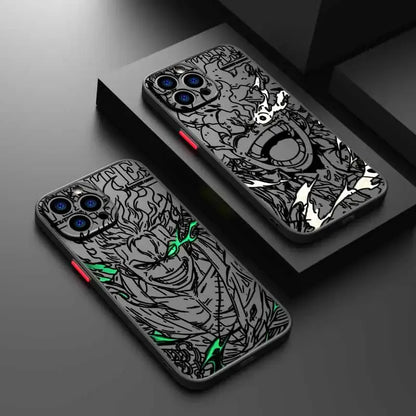 Black frosted translucent soft phone case featuring detailed one piece luffy anime line art with glowing green accents on back