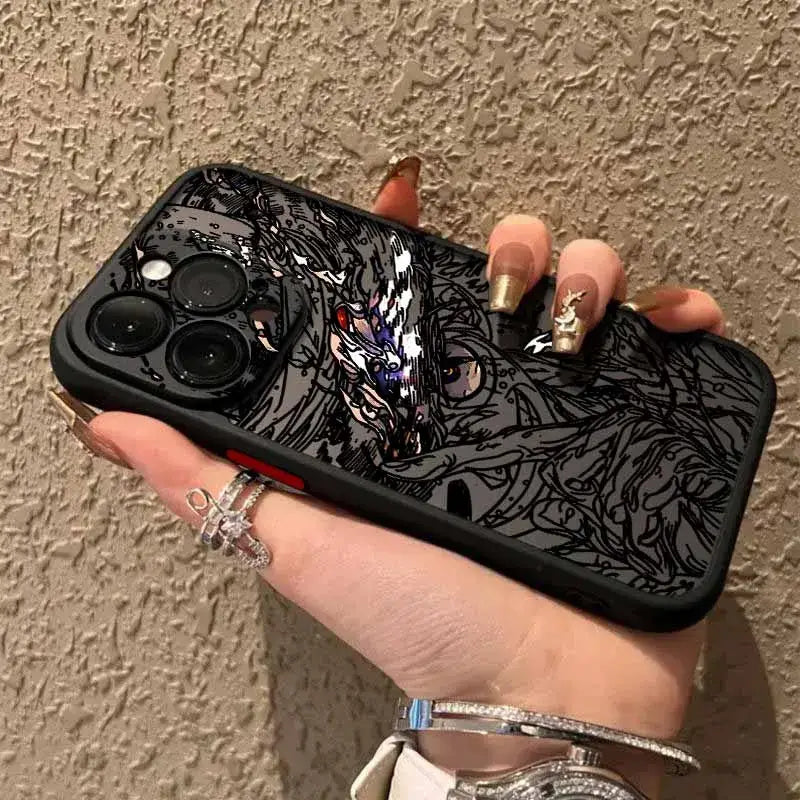 Black frosted translucent soft phone case with intricate anime-style dragon illustration and metallic accents on back side
