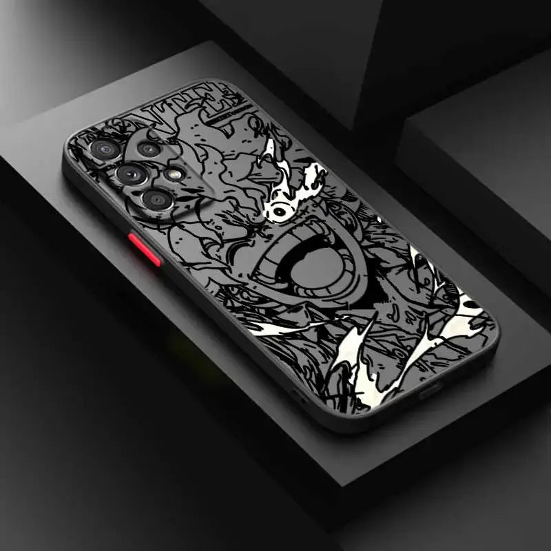 Black one piece luffy phone case with detailed white line-art on frosted translucent soft funda back side view