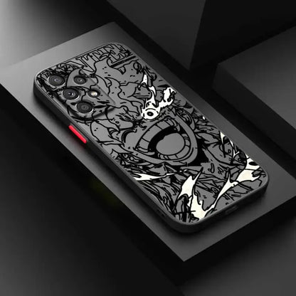 Black one piece luffy phone case with detailed white line-art on frosted translucent soft funda back side view