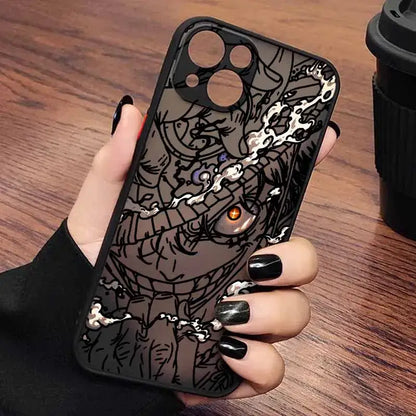 Black one piece luffy phone case with frosted translucent soft back and white line art featuring a glowing orange eye