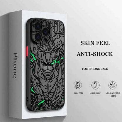 Black frosted translucent soft phone case featuring detailed line-art of one piece luffy with glowing green accents on back
