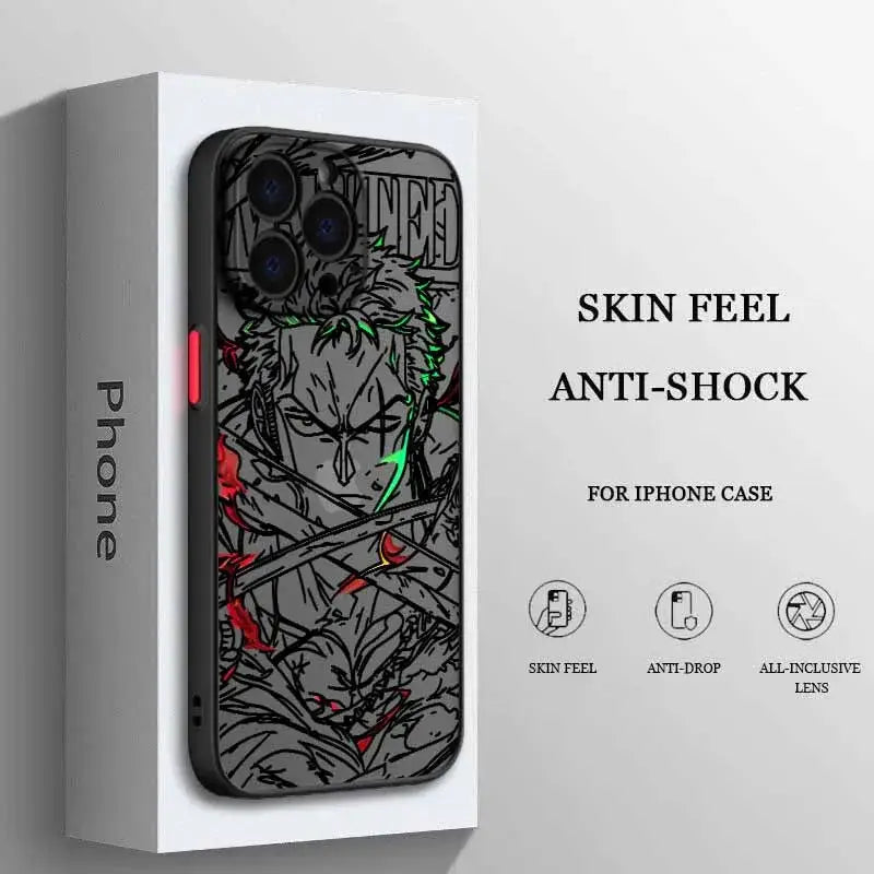Black iphone case with frosted translucent soft material featuring detailed one piece luffy anime design on back side