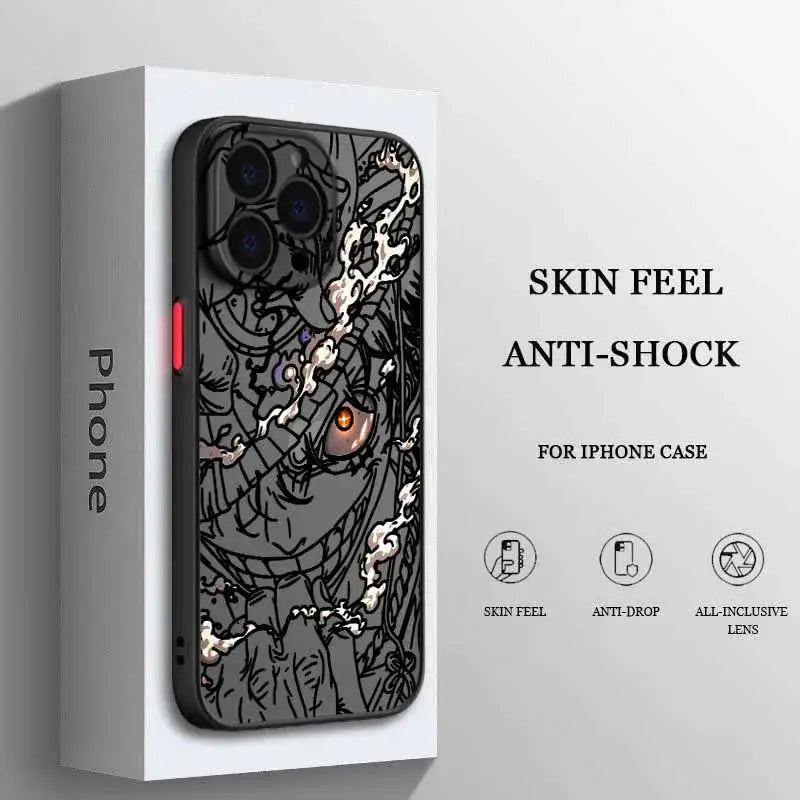 Black iphone case featuring a frosted translucent soft funda with detailed anime luffy design and orange eye accent on back