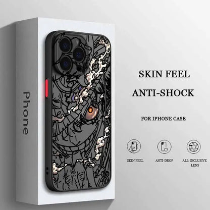 Black iphone case featuring a frosted translucent soft funda with detailed anime luffy design and orange eye accent on back